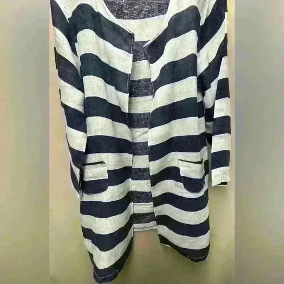 Pure Venice 100% Linen Kimono Jacket Blue and White Striped No Size Tag - Picture 2 of 6